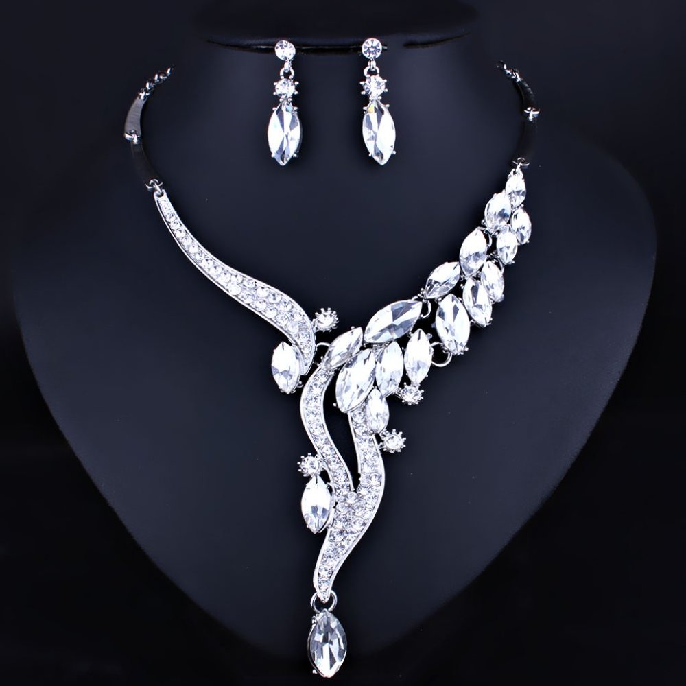 Crystal Rhinestones Necklace & Earrings Set - Wedding - Black TIe - Formal